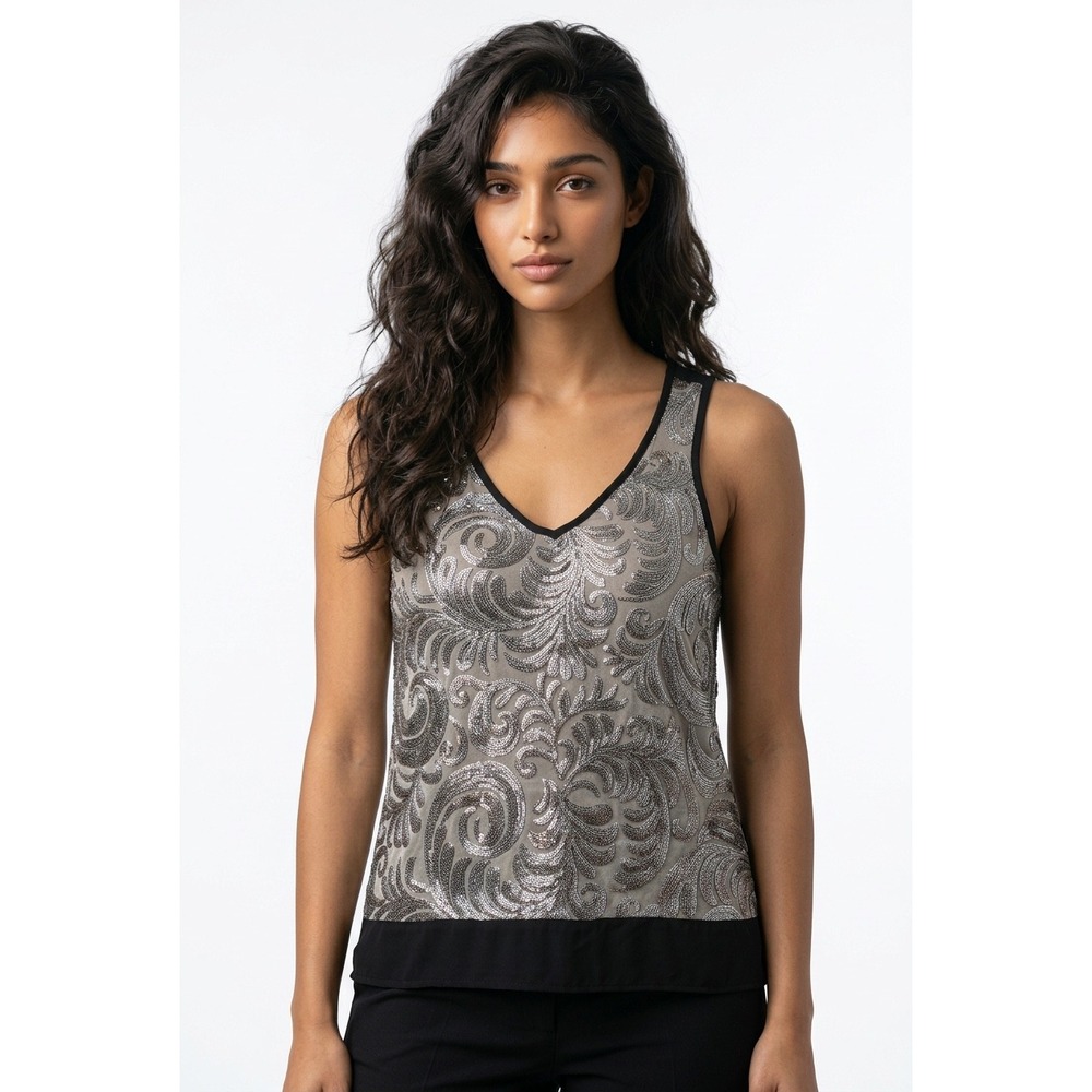 Karen Kane Womens‎ Black Tan Metallic Silver Embroidered V-Neck Tank Top Small